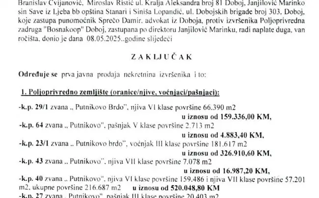FOTO: Dobojski Info | JAVNA PRODAJA ZEMLJIŠTA BOSNAKOOP-a: Prvo ročište zakazano za 18. jun, u ponudi 31 parcela