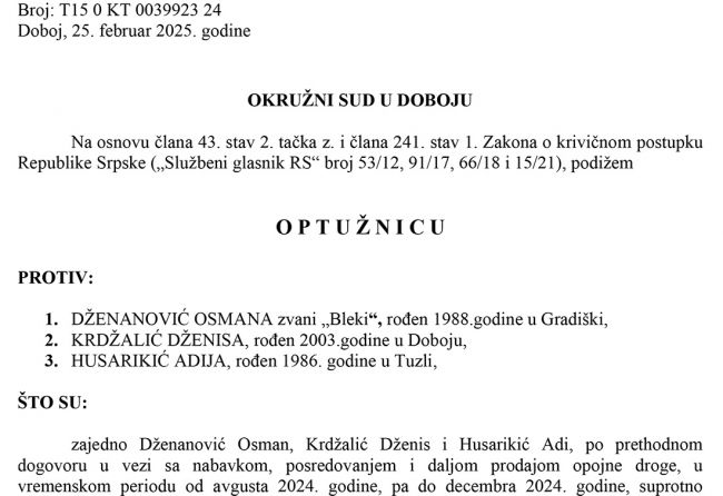 FOTO: Dobojski Info | DOBOJ: Potvrđena optužnica protiv trojice zbog trgovine drogom