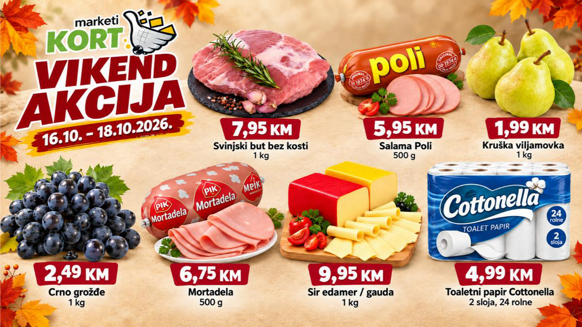 KORT vikend akcija do 18. oktobra: Svinjski but 7,95 KM, kruške 1,99 KM