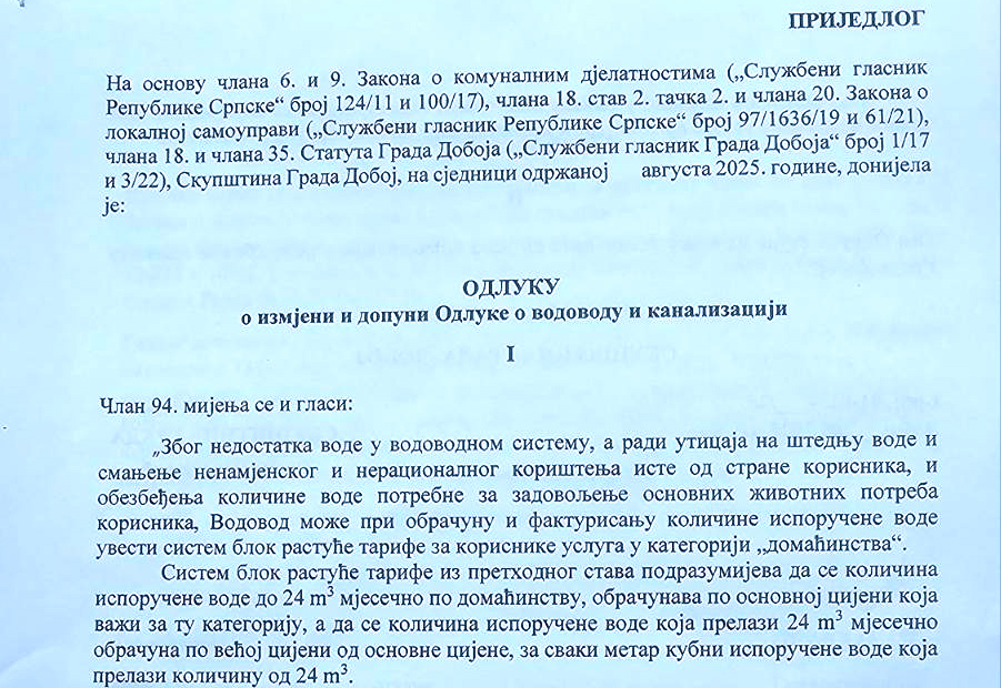 DOBOJ: Predloženo poskupljenje usluga Vodovoda i uvođenje blok tarifa