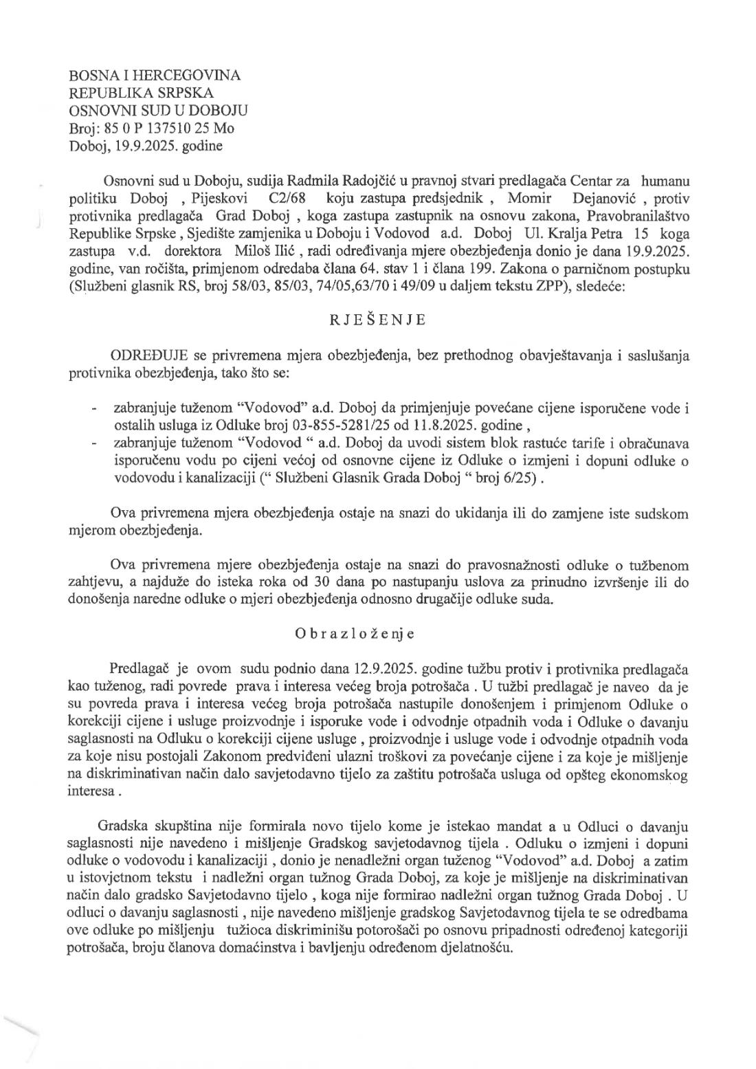 privremena mjera protiv Vodovoda Doboj od strane suda 1