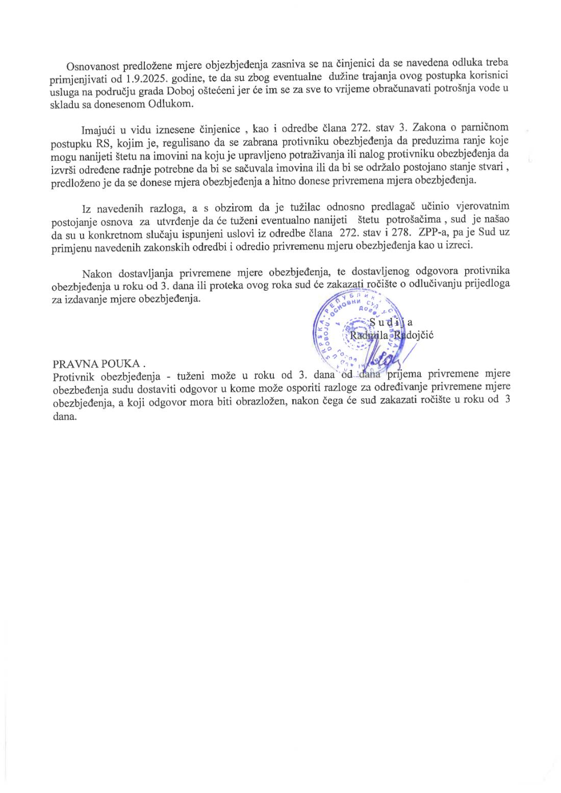 privremena mjera protiv Vodovoda Doboj od strane suda 2