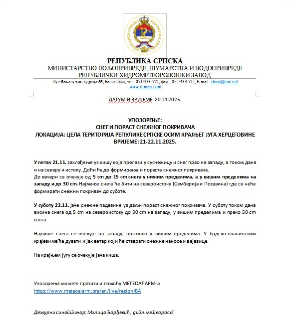 Hidrometeorološki zavod RS izdao upozorenje za snijeg