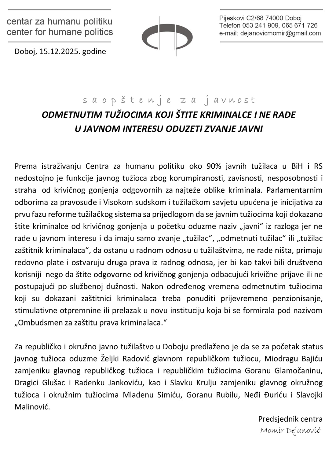saopstenje Centar za humanu politiku