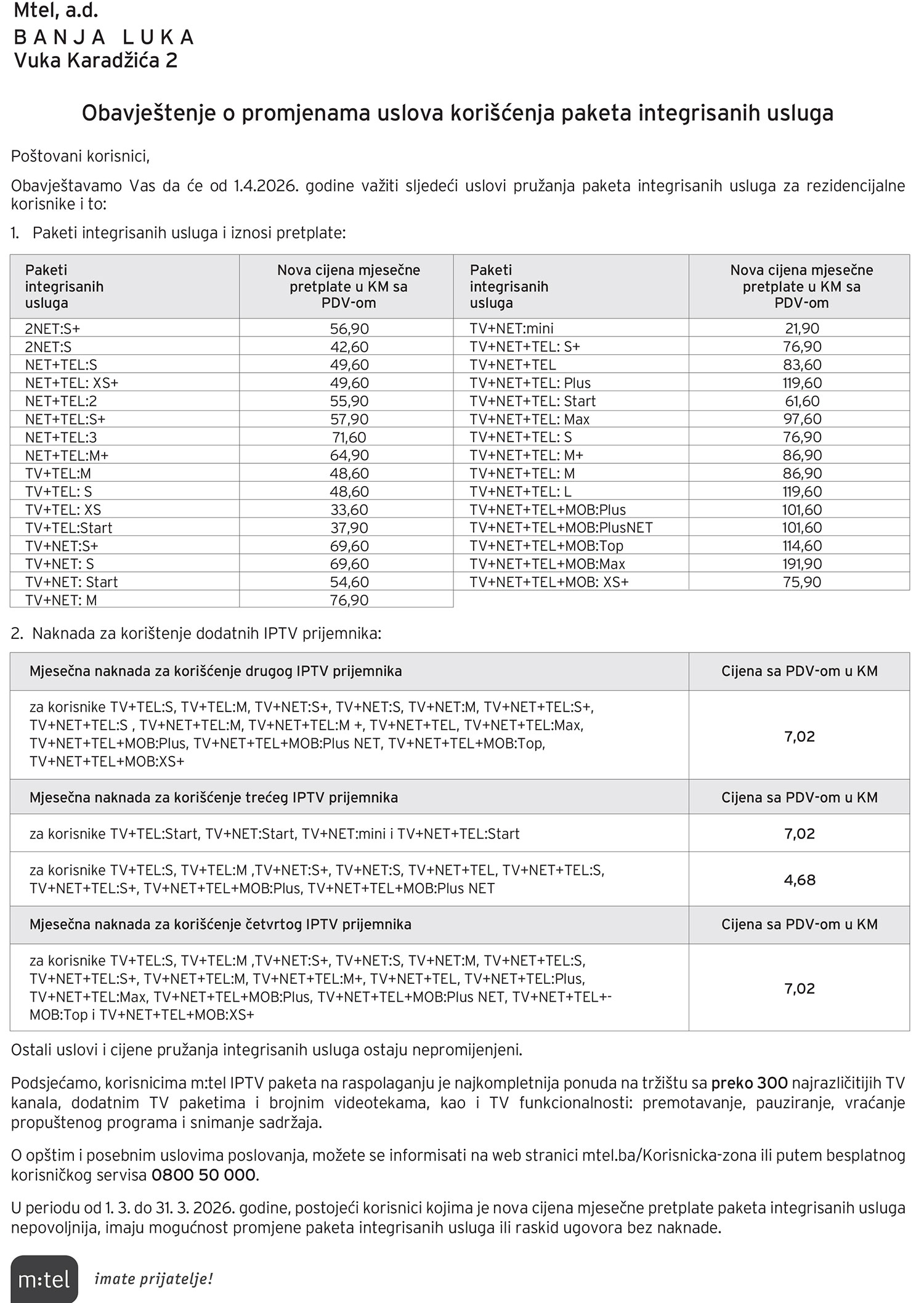 Izmjena cijena IU 01.04.2026