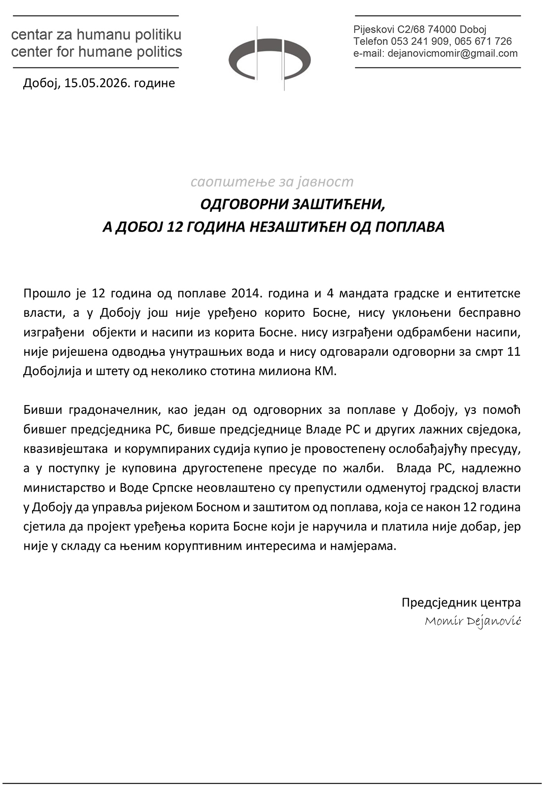 saopstenje CHP Doboj