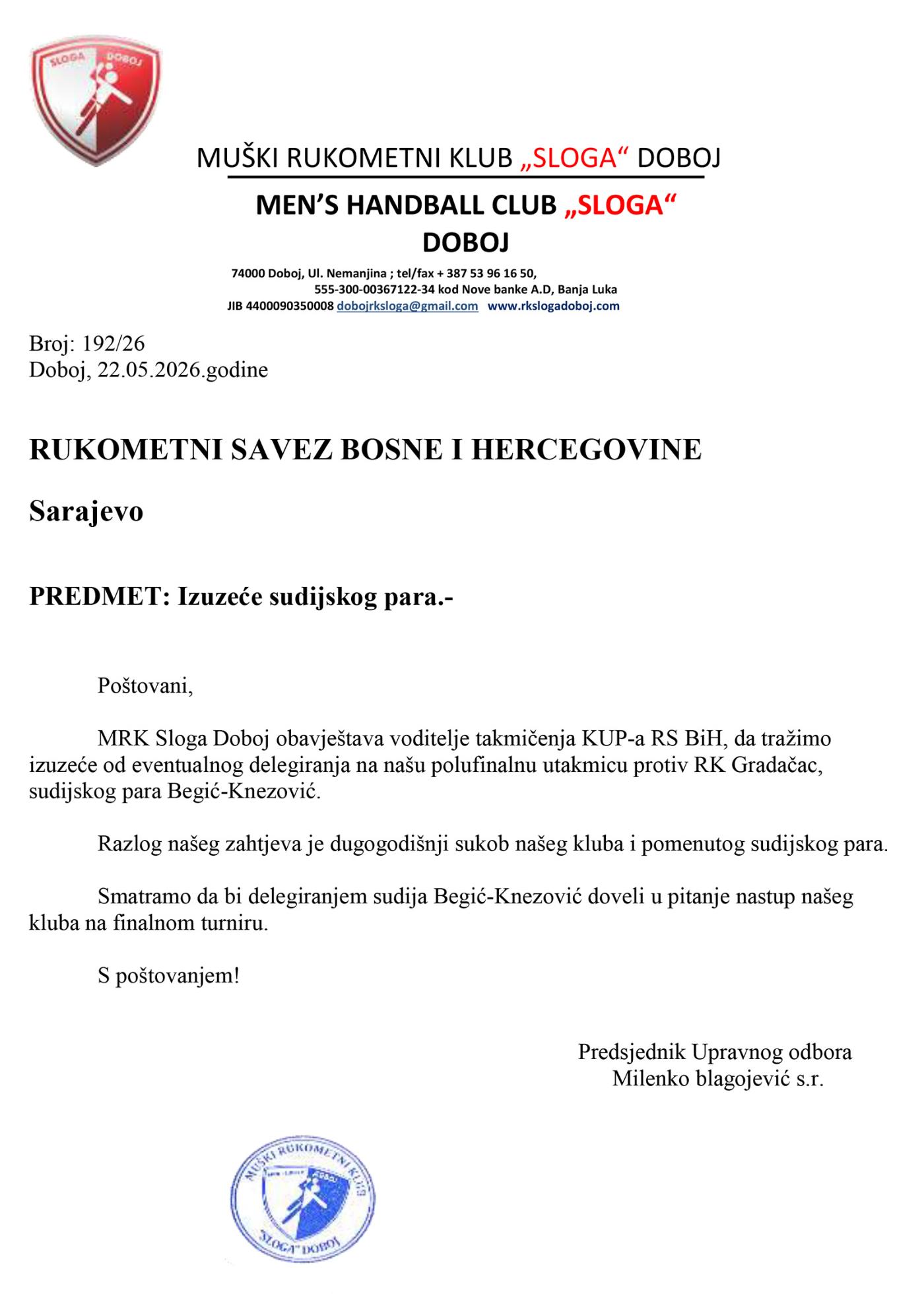 Izuzeće sudijskog para MRK Sloga Doboj