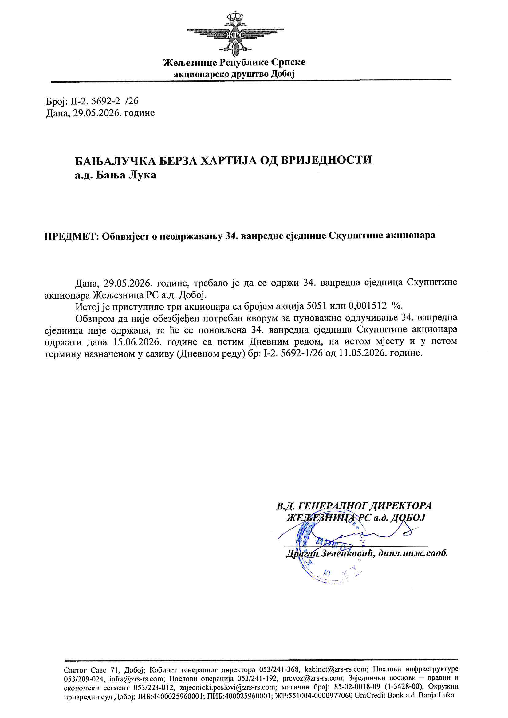 ZERS Skupstina akcionara nije odrzana