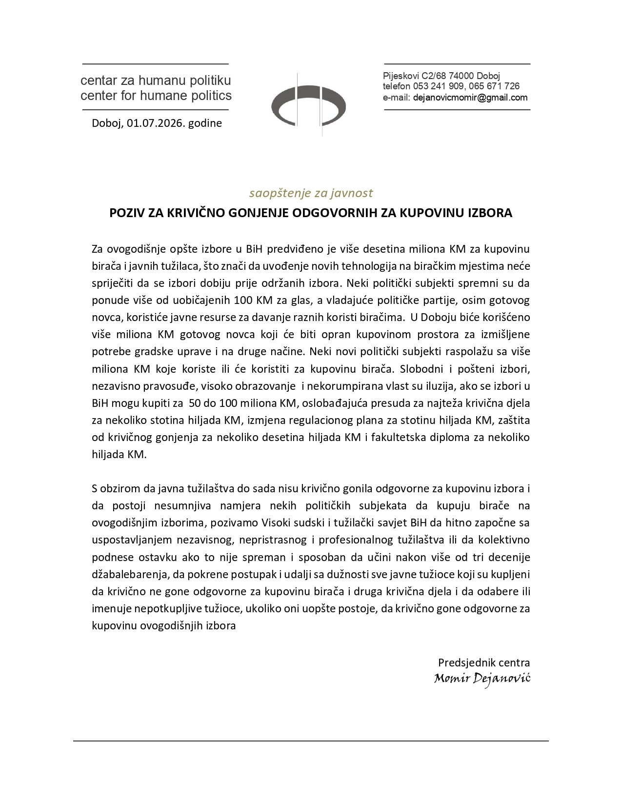 saopstenje CHP