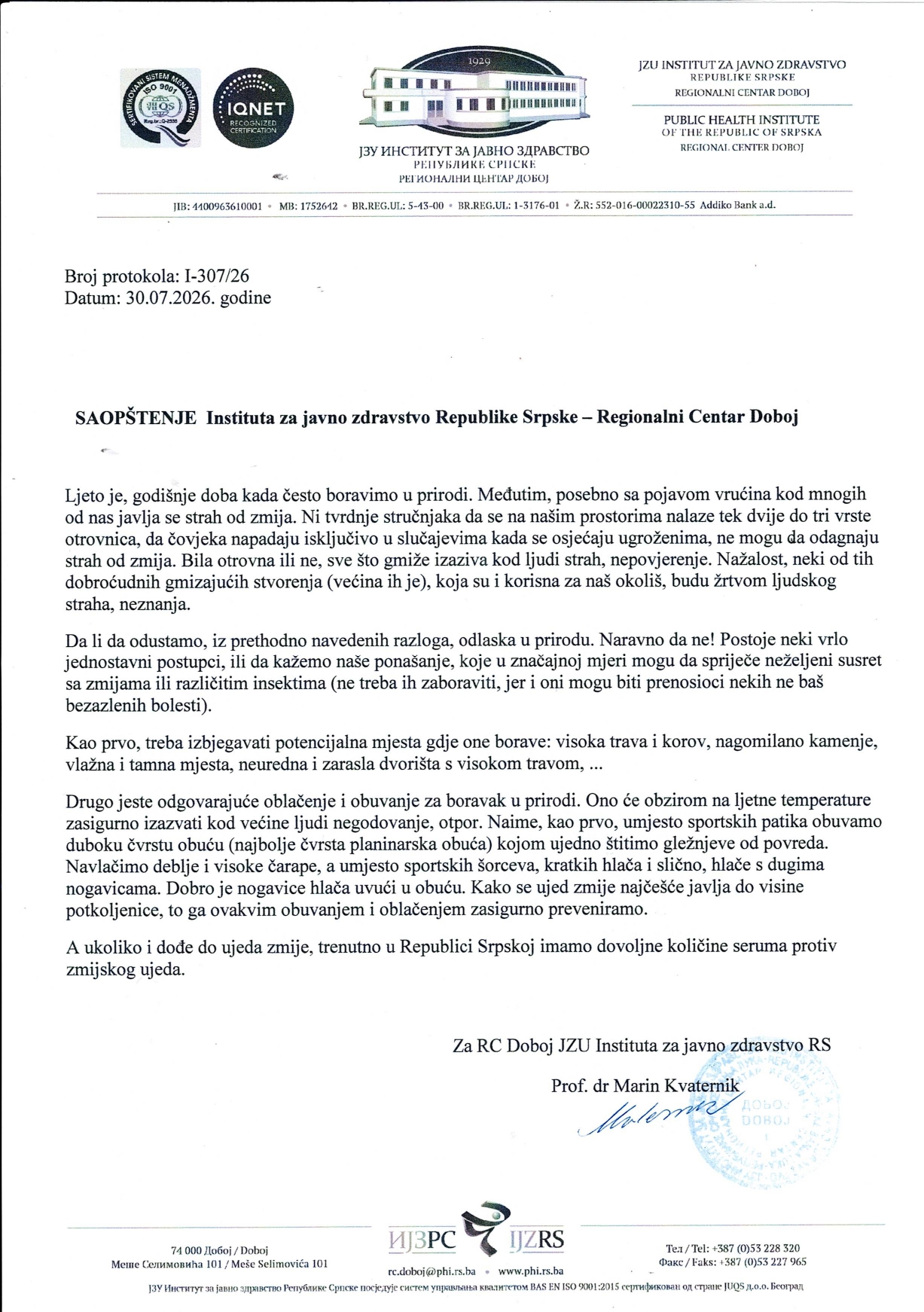 saopstenje dr Marin Kvaternik