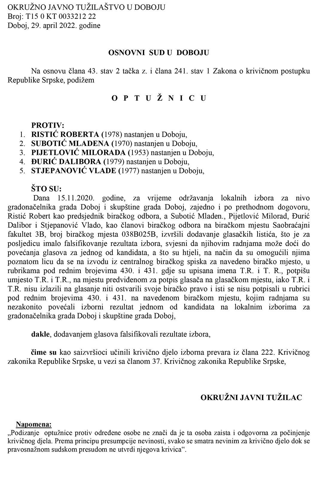 Anonimizirani dispoz optuznice KT 33212 22 izborna prevara