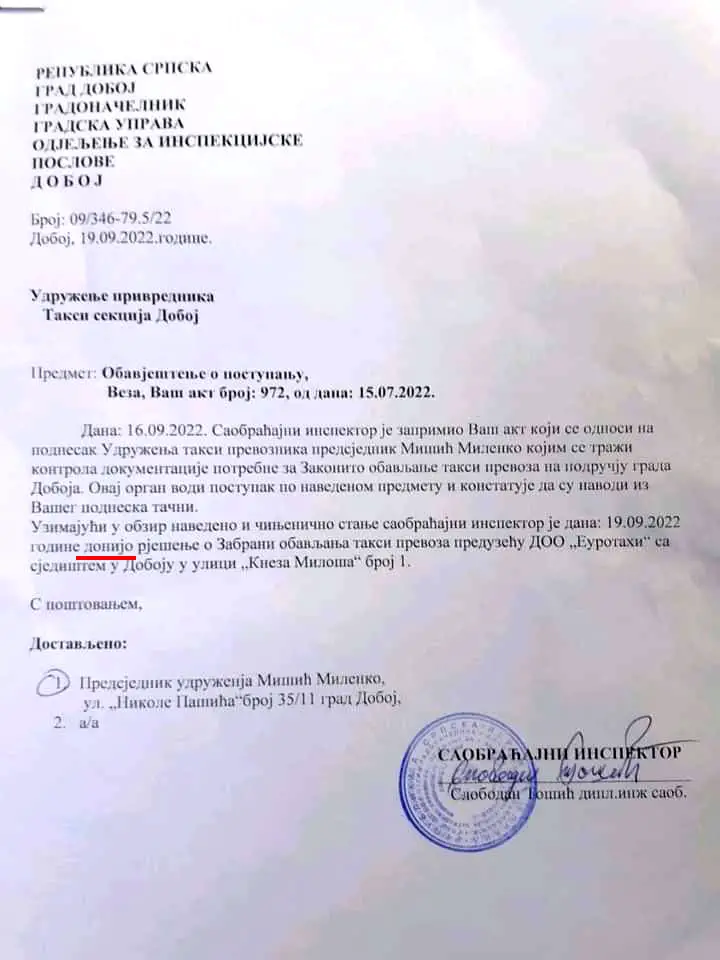 eurotaksi zabrana