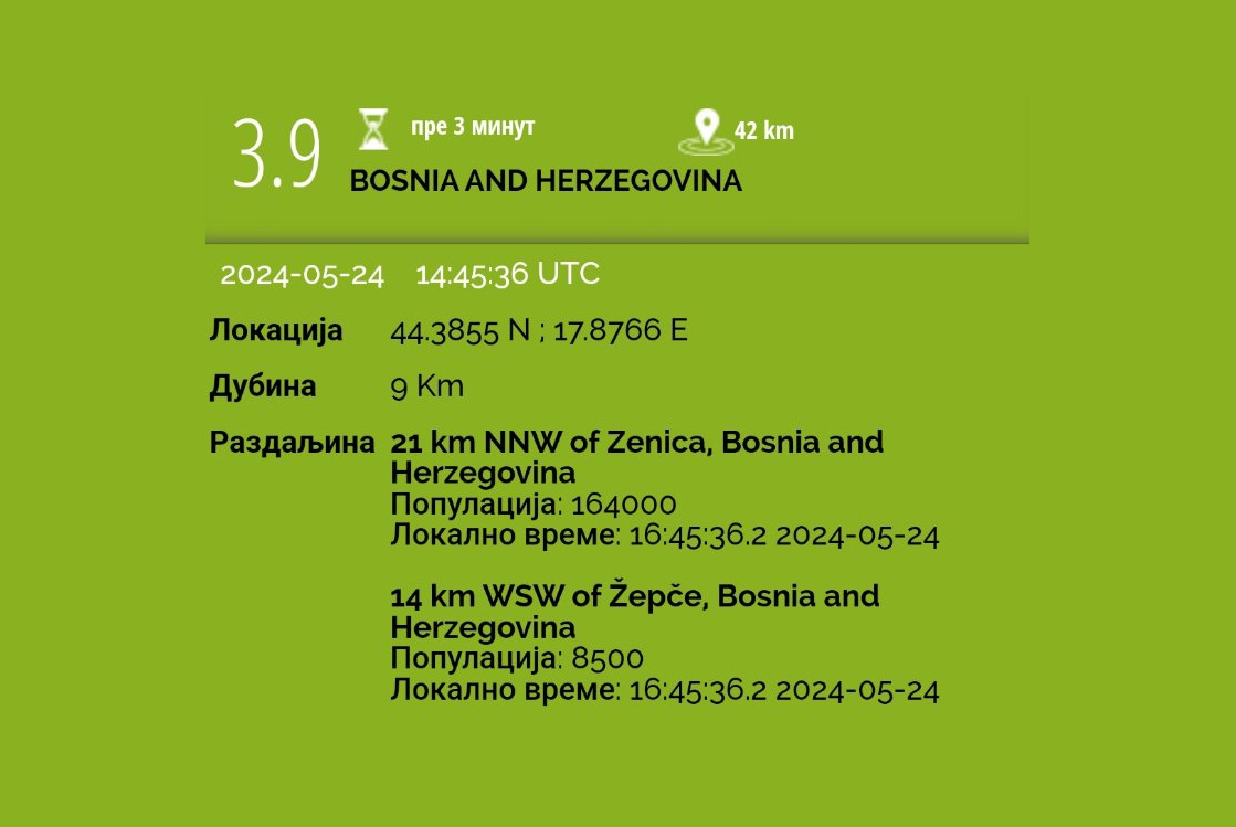 Zemljotres jačine 3.9, epicentar blizu Zenice