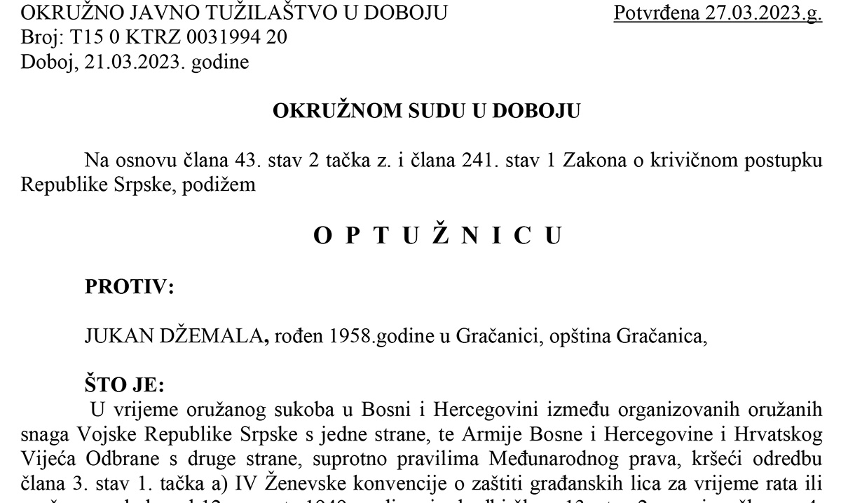 DOBOJ: Potvrđena optužnica zbog ratnog zločina protiv civilnog stanovništva