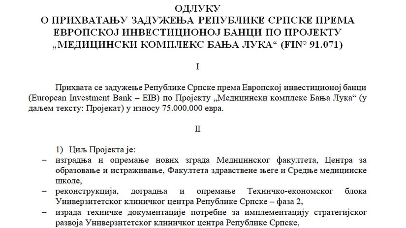 Republika Srpska se zadužuje kod EIB-a za 75 miliona evra