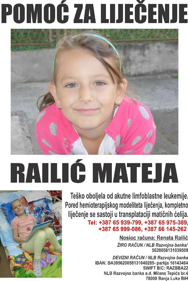 APEL ZA POMOC: Šestogodišnjoj Mateji potrebna pomoć za liječenje leukemije