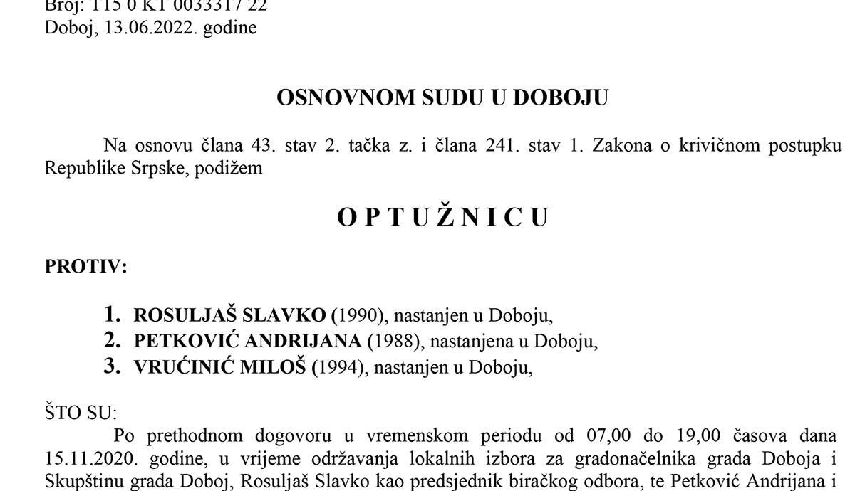 PONIŠTENI IZBORI 2020: Potvrđena optužnica protiv tri člana biračkog odbora zbog izborne prevare - Doboj Novi 2
