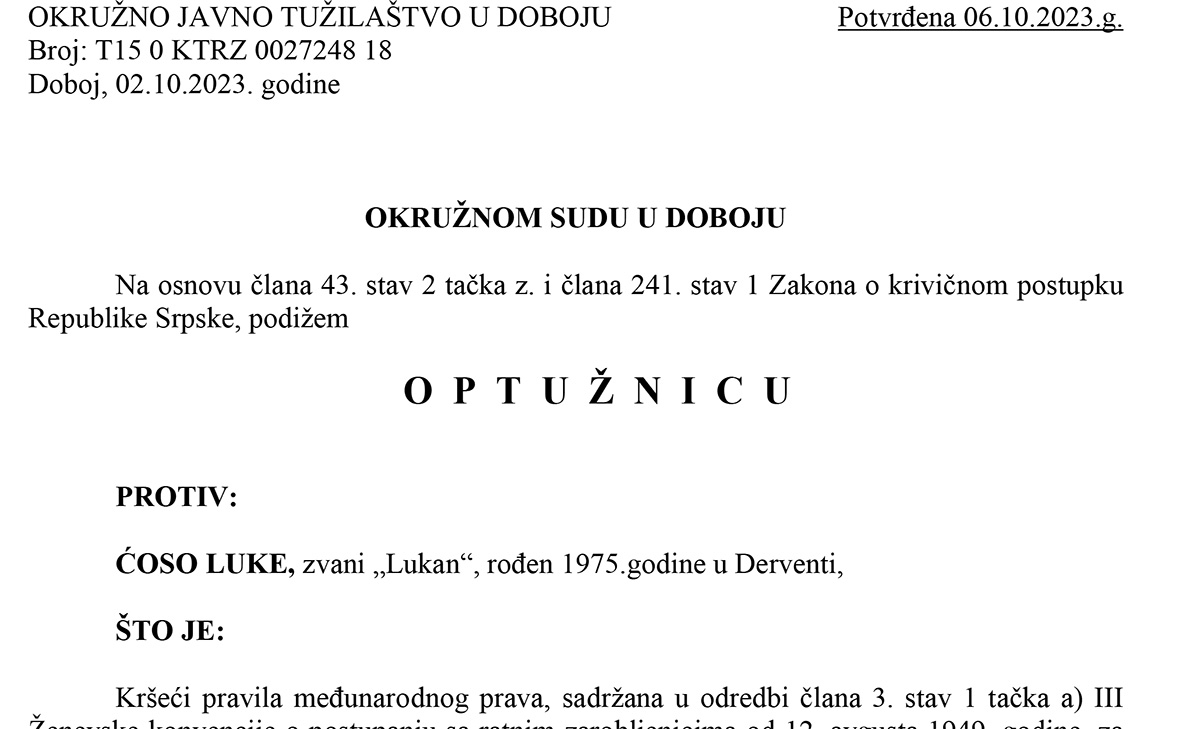 DOBOJ: Optužnica protiv Ćoso Luke za ratni zločin u Derventi