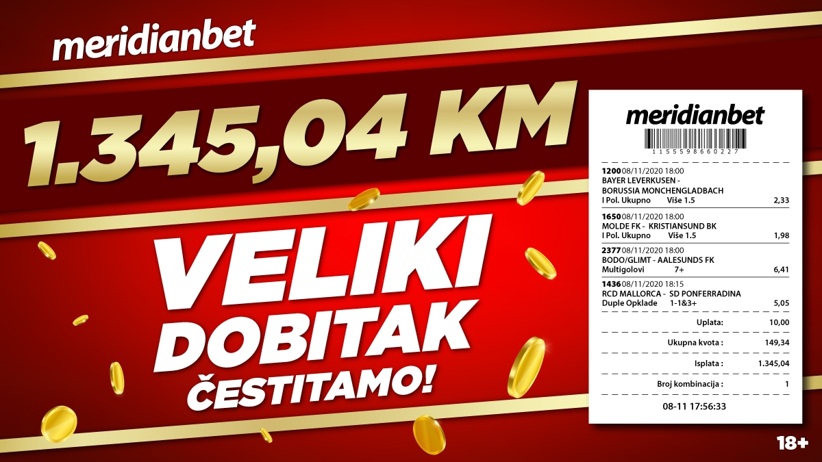 MERIDIAN: Igrač iz Bijeljine sa četiri para povezao fantastičnu kvotu i ostvario fenomenalan DOBITAK!