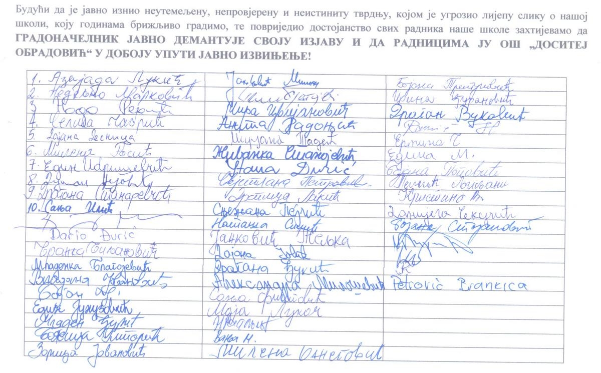 NASTAVNICI JU OŠ DOSITEJ OBRADOVIĆ: Tražimo javno izvinjenje gradonačelnika