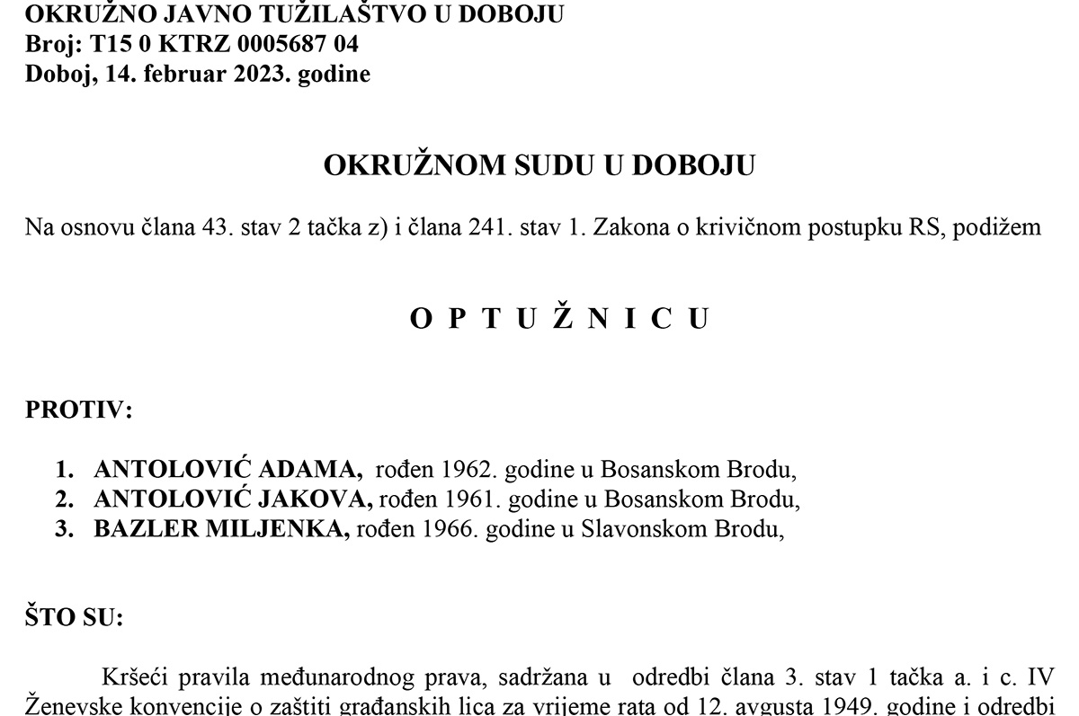 DOBOJ: Potvrđena optužnica protiv tri lica zbog krivičnog djela ratni zločin protiv civilnog stanovništva