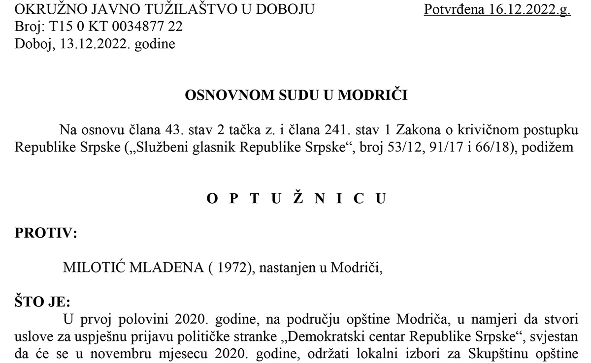 DOBOJ: Potvrđena optužnica zbog neovlaštenog korištenja ličnih podataka i falsifikovanja isprave u postupku izbornih aktivnosti za lokalne izbore 2020.g.