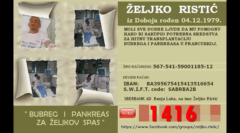 DOBOJ: Od sutra humanitarni broj za pomoć Željku Ristiću