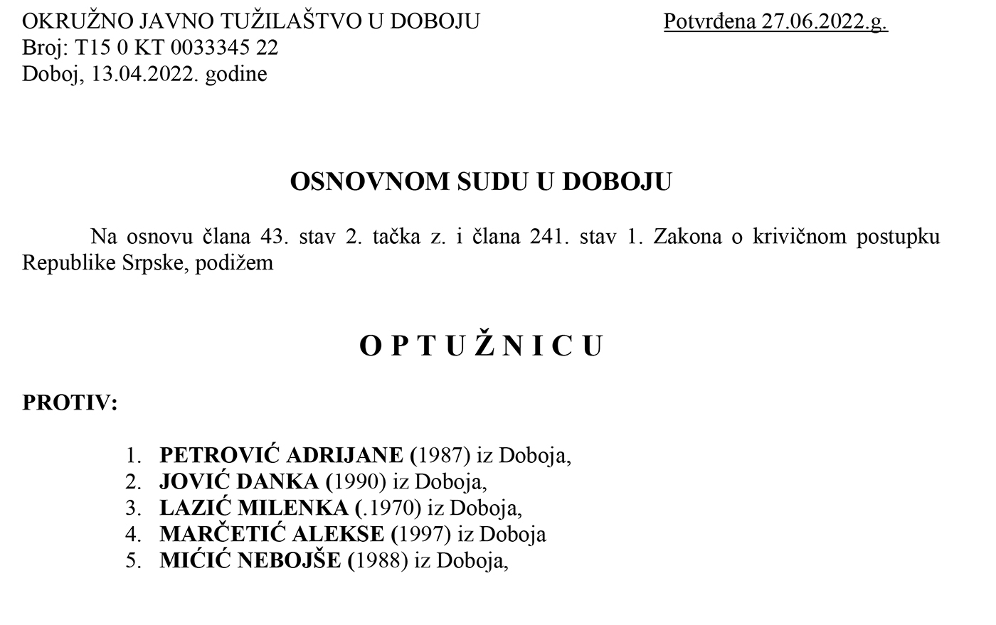 Potvrđena optužnica protiv 5 članova biračkog odbora zbog izborne prevare 038B015 SŠC 2