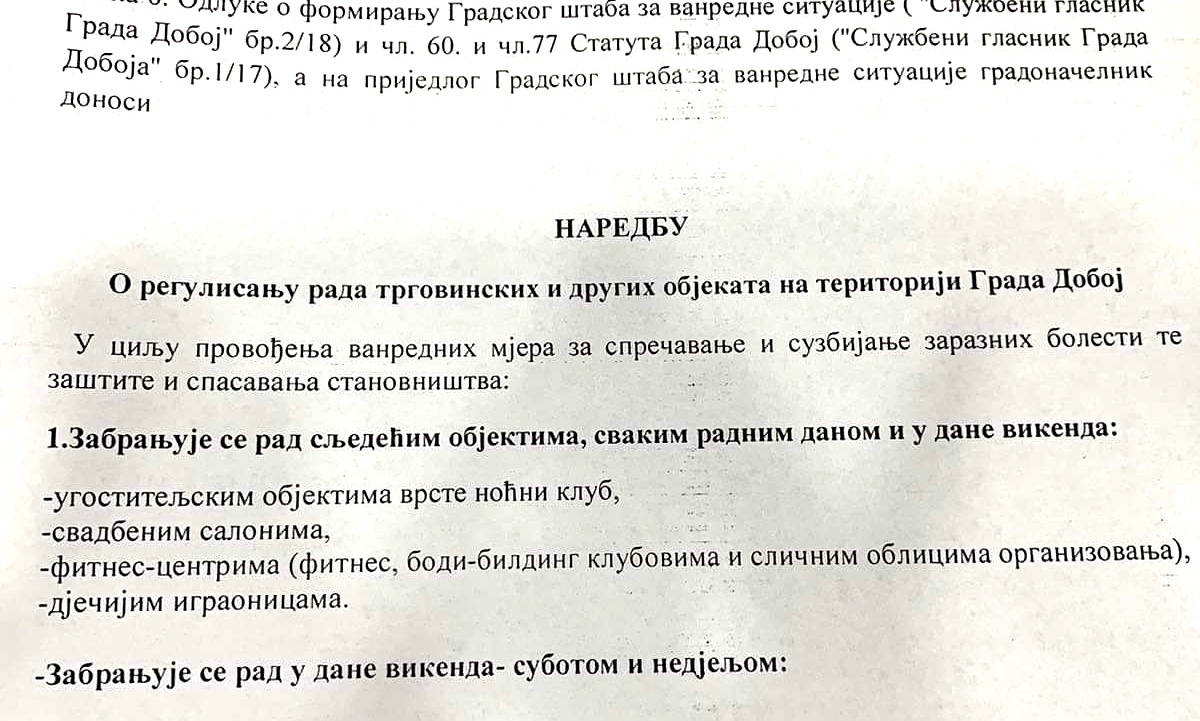 DOBOJSKI INFO DONOSI: Nove mjere, brojna ograničenja i zabrane zbog korona virusa