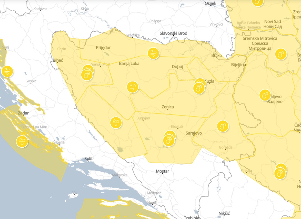 METEOALARM: Žuto upozorenje zbog vjetra i kiše