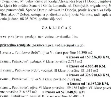 JAVNA PRODAJA ZEMLJIŠTA BOSNAKOOP-a: Prvo ročište zakazano za 18. jun, u ponudi 31 parcela